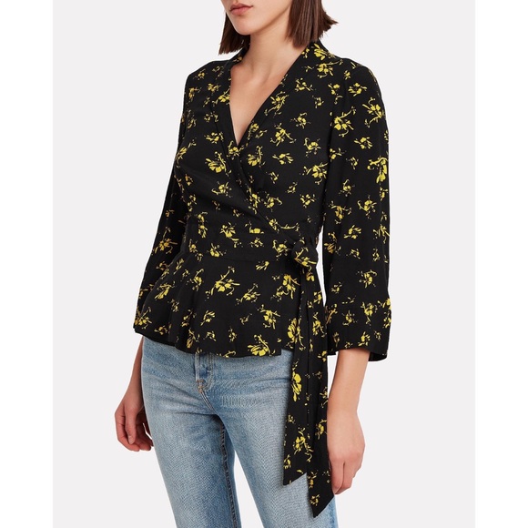 GANNI Floral Print Crepe Wrap Blouse in Black - Picture 1 of 7